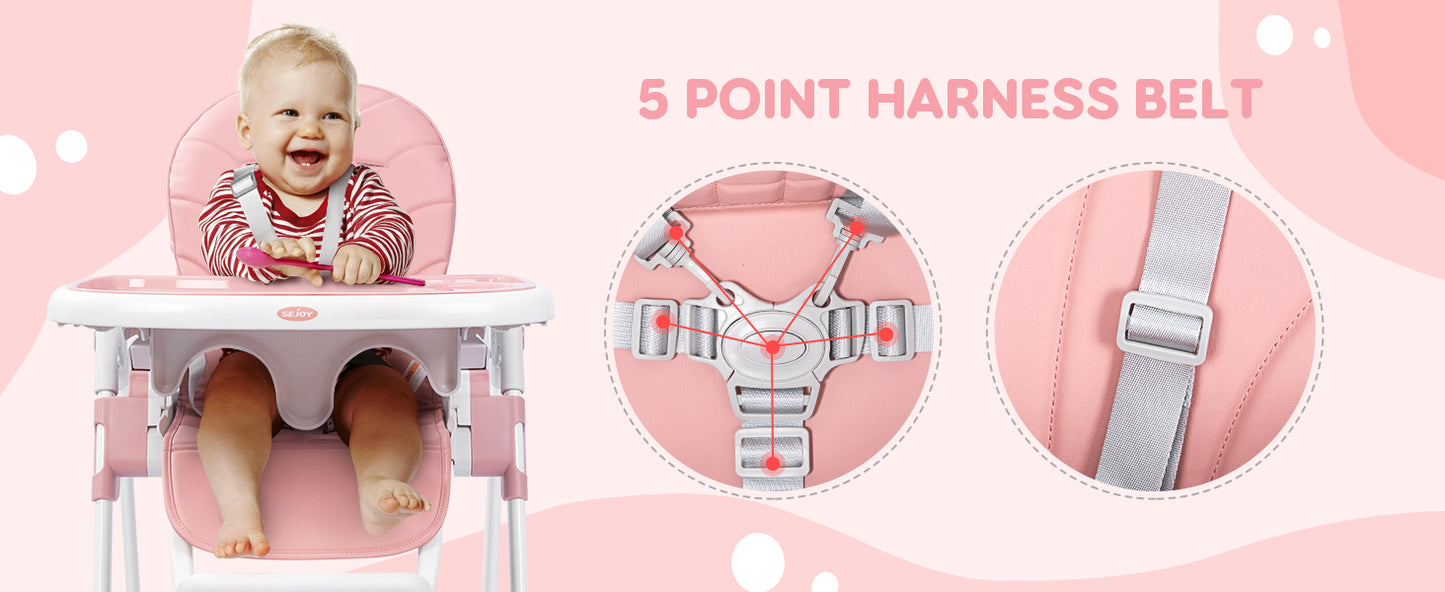 Sejoy Baby High Chair Foldable Highchair Adjustable Backrest Double Removable Tray Detachable PU Leather Cushion High Chair for