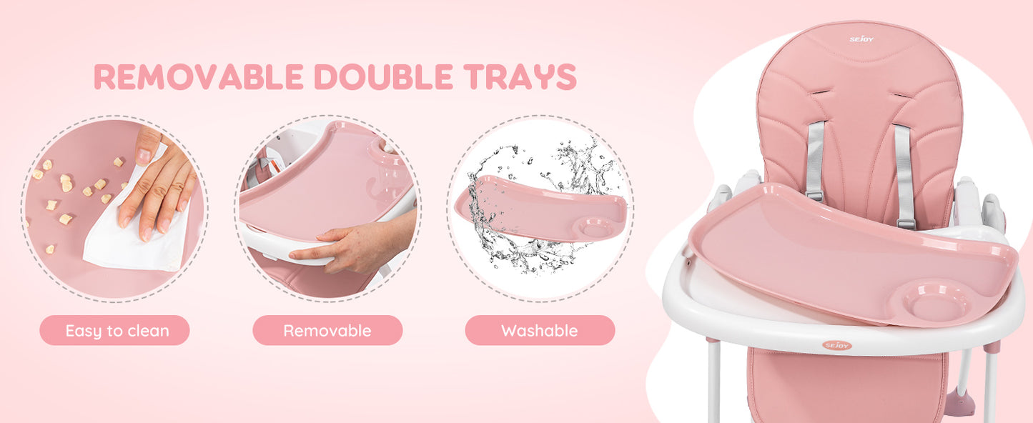 Sejoy Baby High Chair Foldable Highchair Adjustable Backrest Double Removable Tray Detachable PU Leather Cushion High Chair for