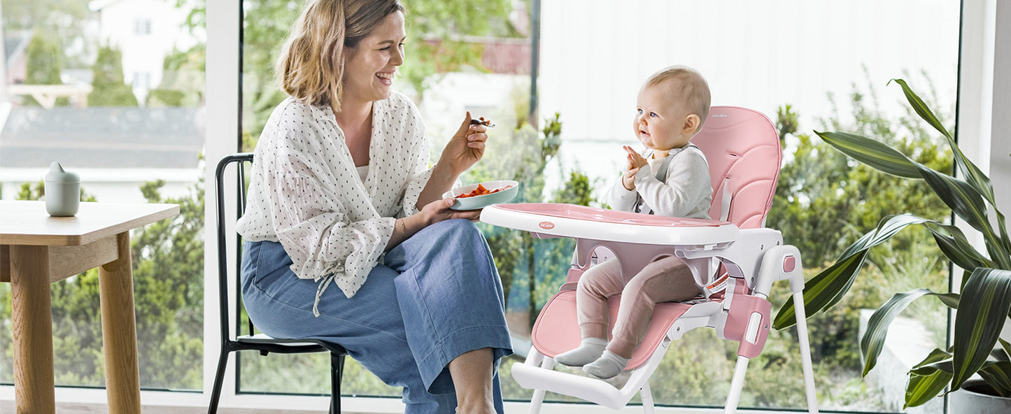 Sejoy Baby High Chair Foldable Highchair Adjustable Backrest Double Removable Tray Detachable PU Leather Cushion High Chair for