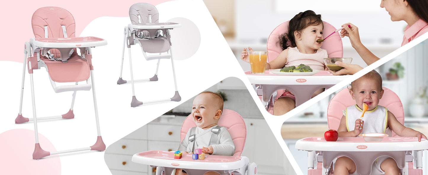 Sejoy Baby High Chair Foldable Highchair Adjustable Backrest Double Removable Tray Detachable PU Leather Cushion High Chair for