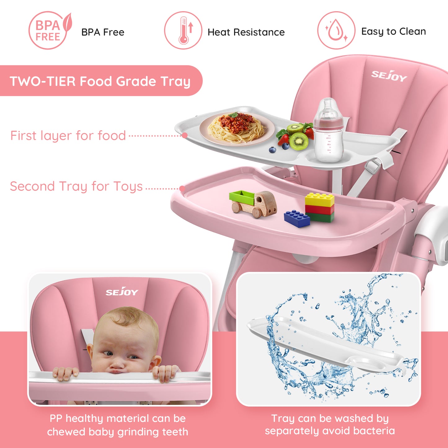 SEJOY Baby High Chair Infants Folding Convertible Removable Tray Adjustable Seat