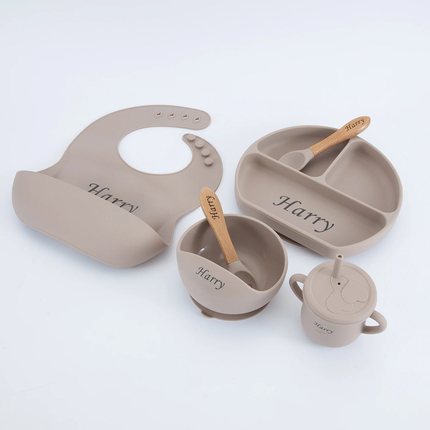 Personalized name Food Grade Baby Feeding Set with Spoon, fork,Silicone Suction Bowls and bib BPA Free - First Stage Self Feed
