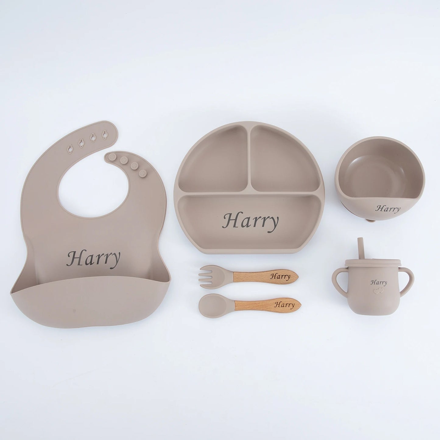 Personalized name Food Grade Baby Feeding Set with Spoon, fork,Silicone Suction Bowls and bib BPA Free - First Stage Self Feed