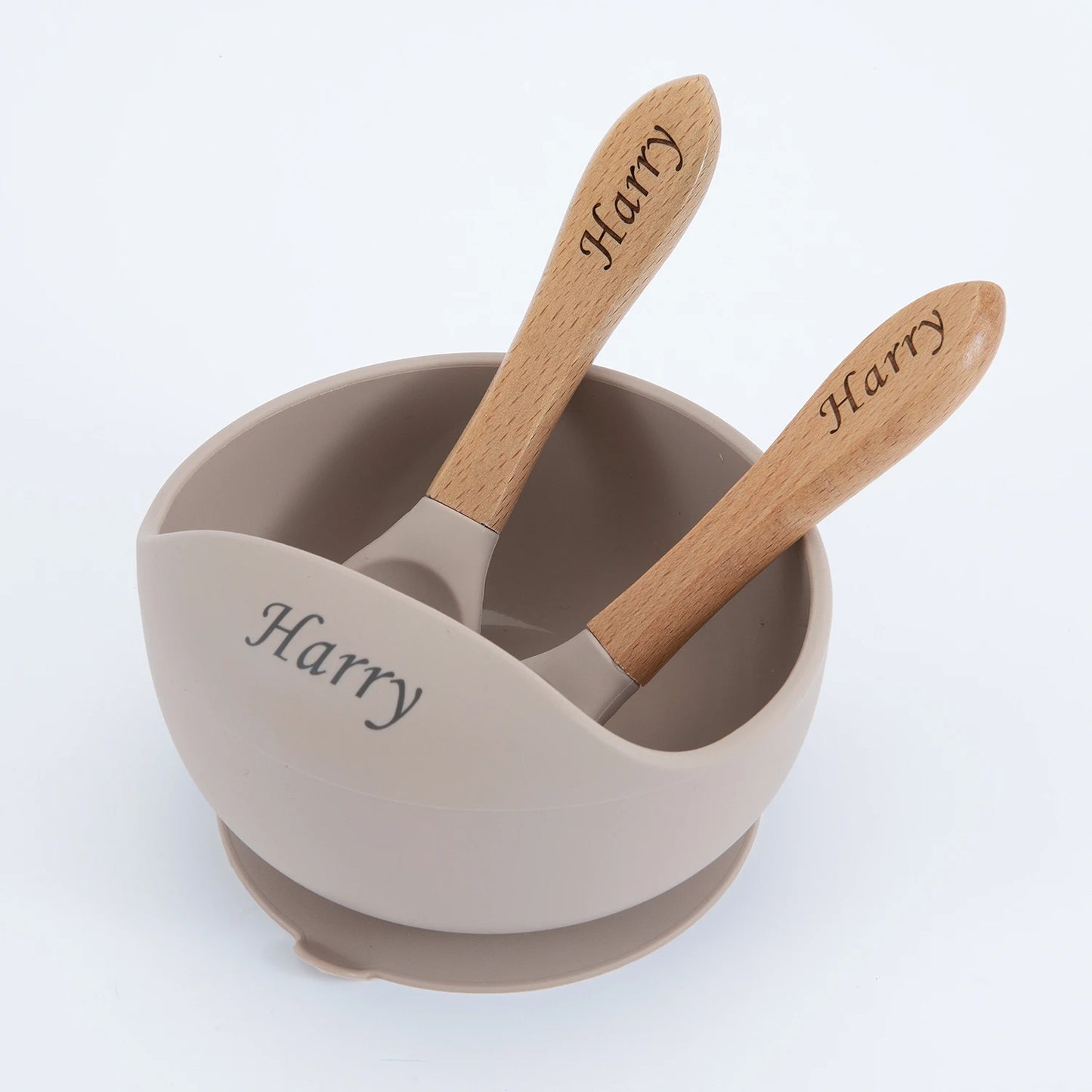 Personalized name Food Grade Baby Feeding Set with Spoon, fork,Silicone Suction Bowls and bib BPA Free - First Stage Self Feed