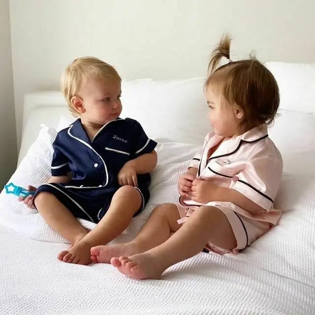 Pudcoco US Stock 1-6T Kids Baby Boys Girls Silk Pajamas Sleepwear Outfit Short Sleeve Solid Shirt + Pants Nightwear Set