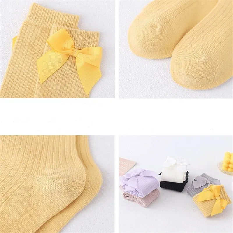 Solid Children Socks With Bows Cotton Baby Girls Socks Soft Toddlers Long Socks For Kids Princess Knee High Socks for Girls 2024