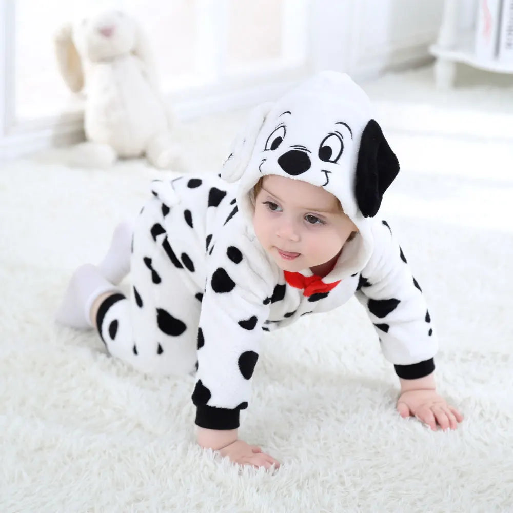 Umorden Baby Dalmatians Spotty Dog Costume Kigurumi Cartoon Animal Rompers Infant Toddler Jumpsuit Flannel Halloween Fancy Dress