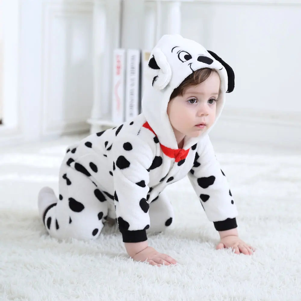 Umorden Baby Dalmatians Spotty Dog Costume Kigurumi Cartoon Animal Rompers Infant Toddler Jumpsuit Flannel Halloween Fancy Dress