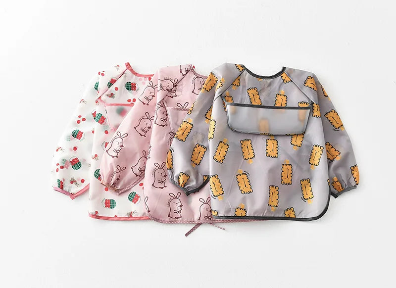 Baby Waterproof Bibs Long Sleeve Pocket Infant Cute Colorful Cartoon Printing Feeding Burp Cloths Baby Eating Accessories