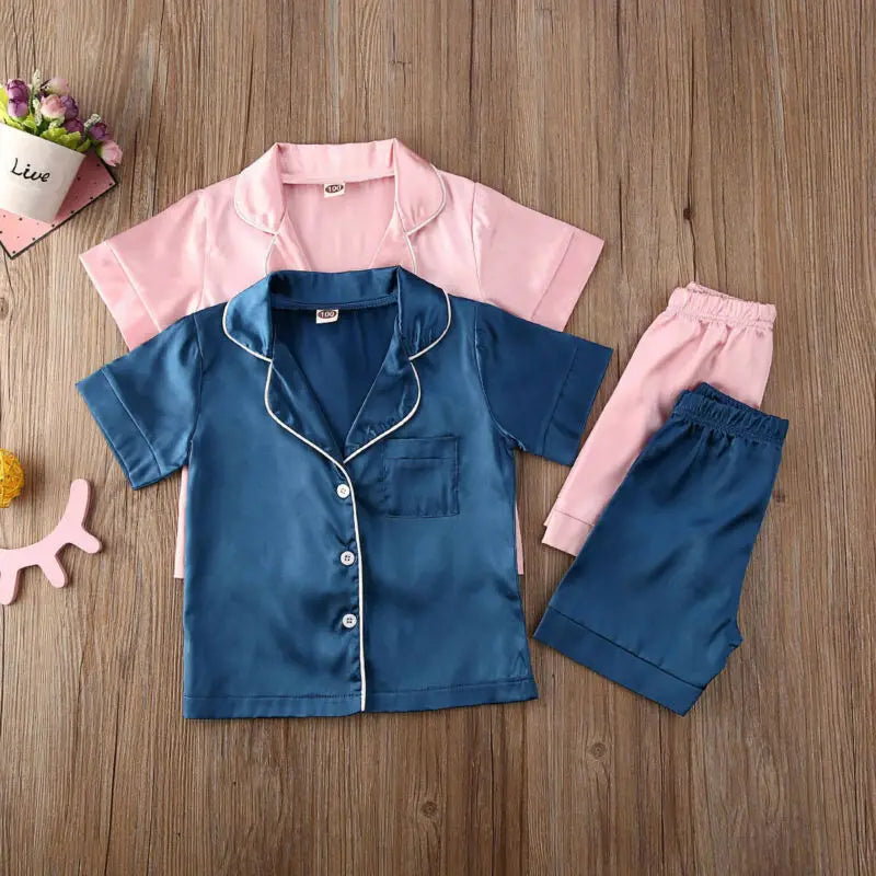 Pudcoco US Stock 1-6T Kids Baby Boys Girls Silk Pajamas Sleepwear Outfit Short Sleeve Solid Shirt + Pants Nightwear Set