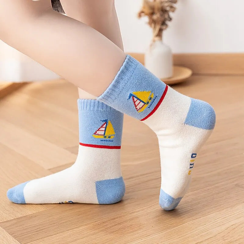 5 Pairs Of New Autumn And Winter Childrens Socks Striped Sailboat Boys Socks 4 to 8 Year Old Socks