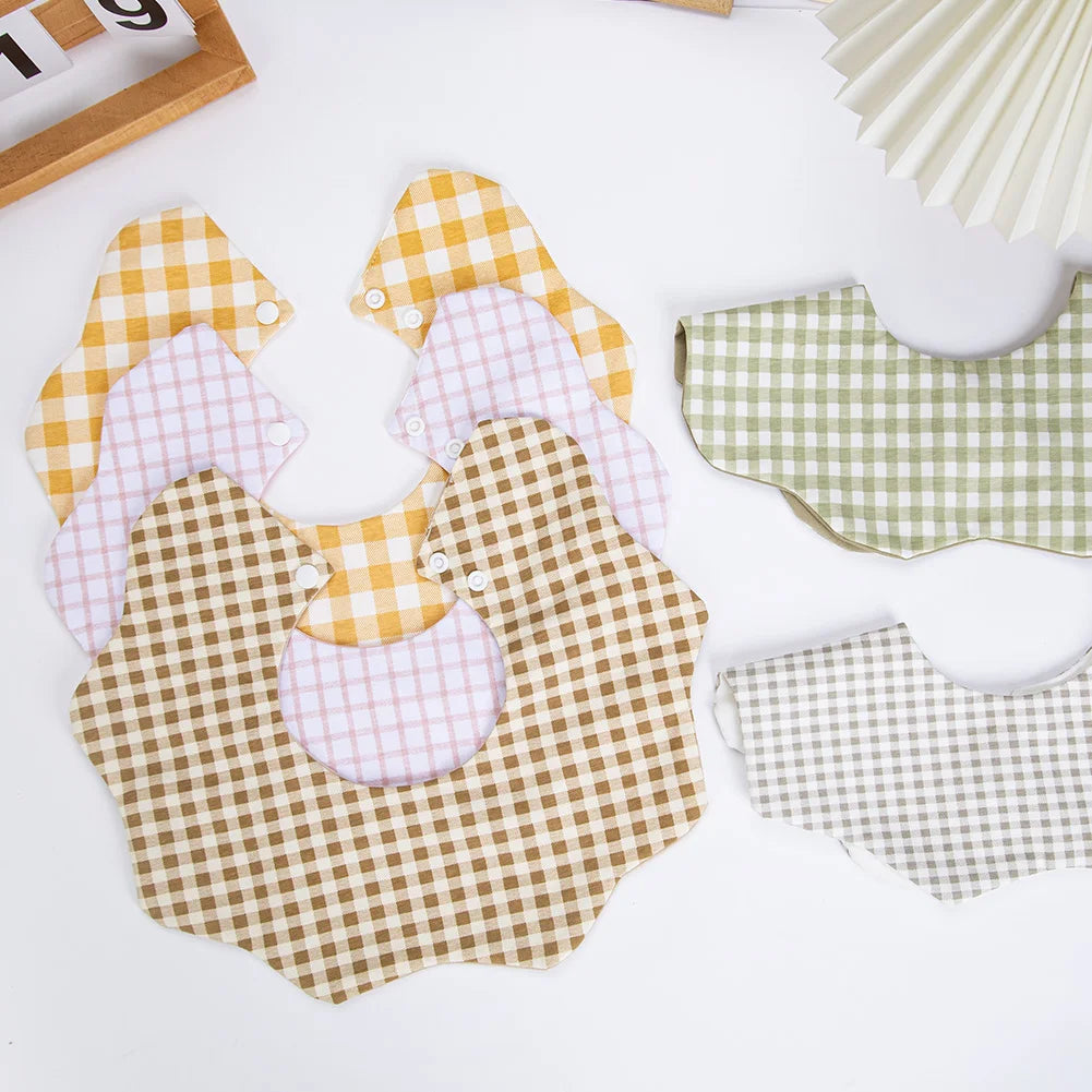 360° Cotton Baby Bibs for Kids Boys Girls Plaid Saliva Towel Cute Korea Rotativo Petal Neck Adjustable Button Feeding Burp Cloth