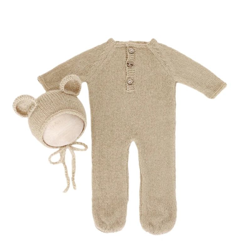Baby Outfit Newborn Photography Props mohair Knitted Bear Rompers Footed Jumpsuit Hat 2pcs/Sets Photography Clothing Accessories