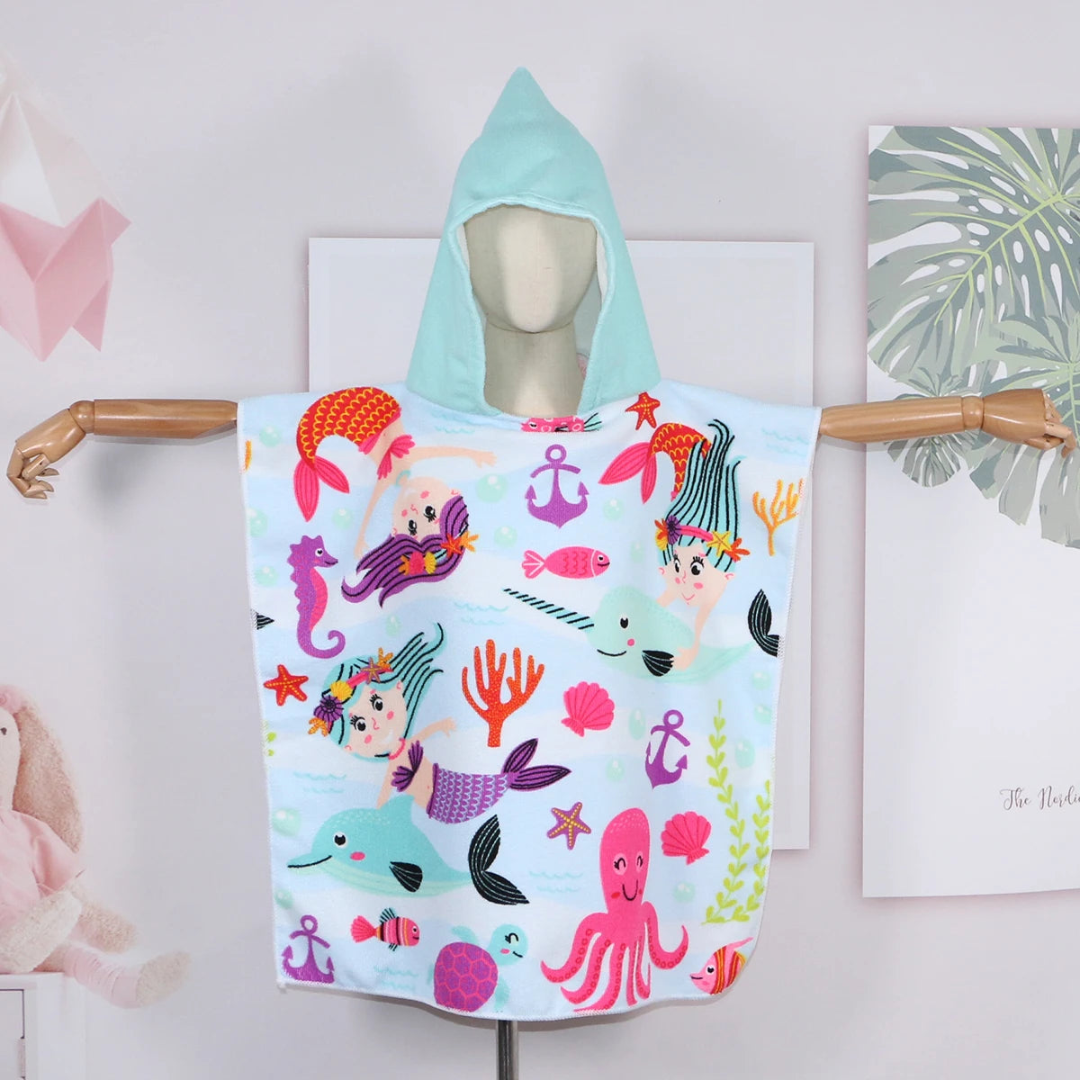 80-130cm Kids Hooded Bath Beach Poncho Towels Baby Quick Dry Bathrobe Child Cartoon Poncho Towels Microfiber Swim Cover-ups