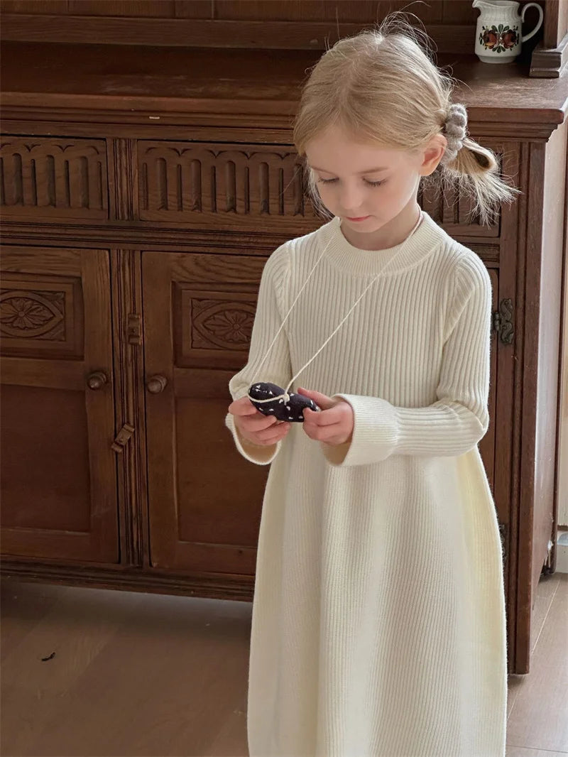 Girls Knitted Dress 2024 Autumn Winter New Children Gown Princess Solid Color Vestidos Kids Fashion Sweater Dresses Baby Clothes
