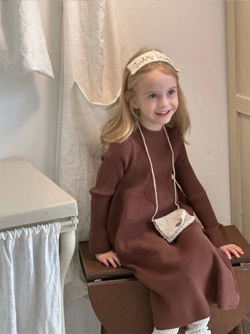 Girls Knitted Dress 2024 Autumn Winter New Children Gown Princess Solid Color Vestidos Kids Fashion Sweater Dresses Baby Clothes