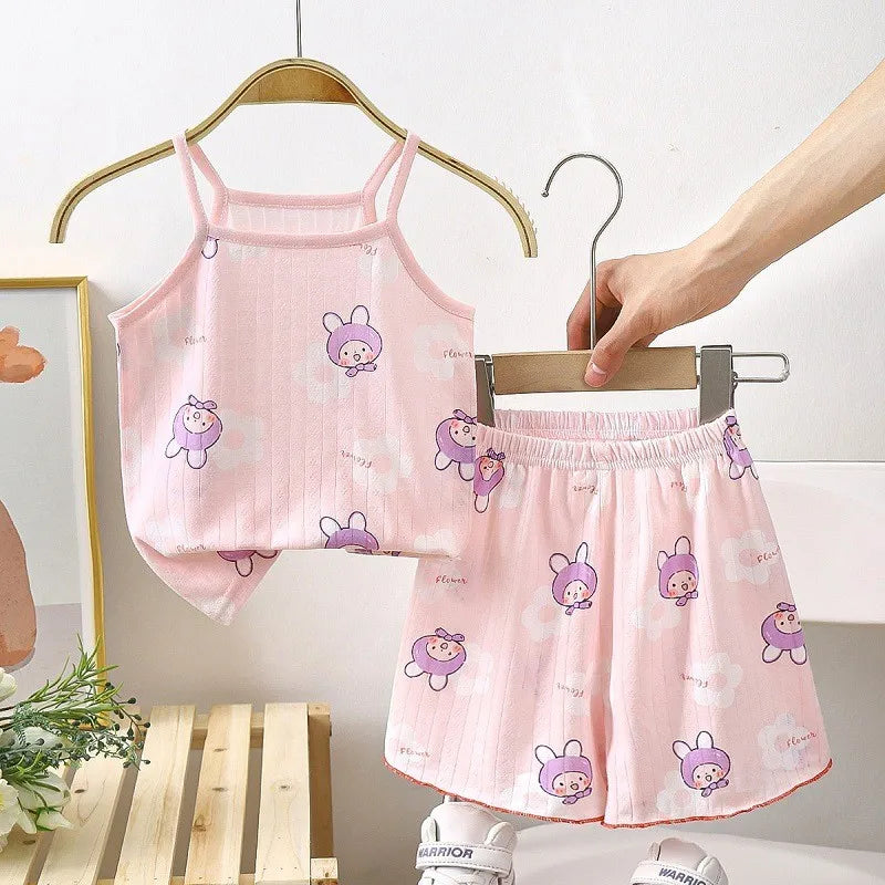 Summer Camisole Sling Tops+Shorts 2-Piece Set Girl's Soft Cotton Pajamas Fashion Cartoon Print Kids Home Clothes Casual Suit New