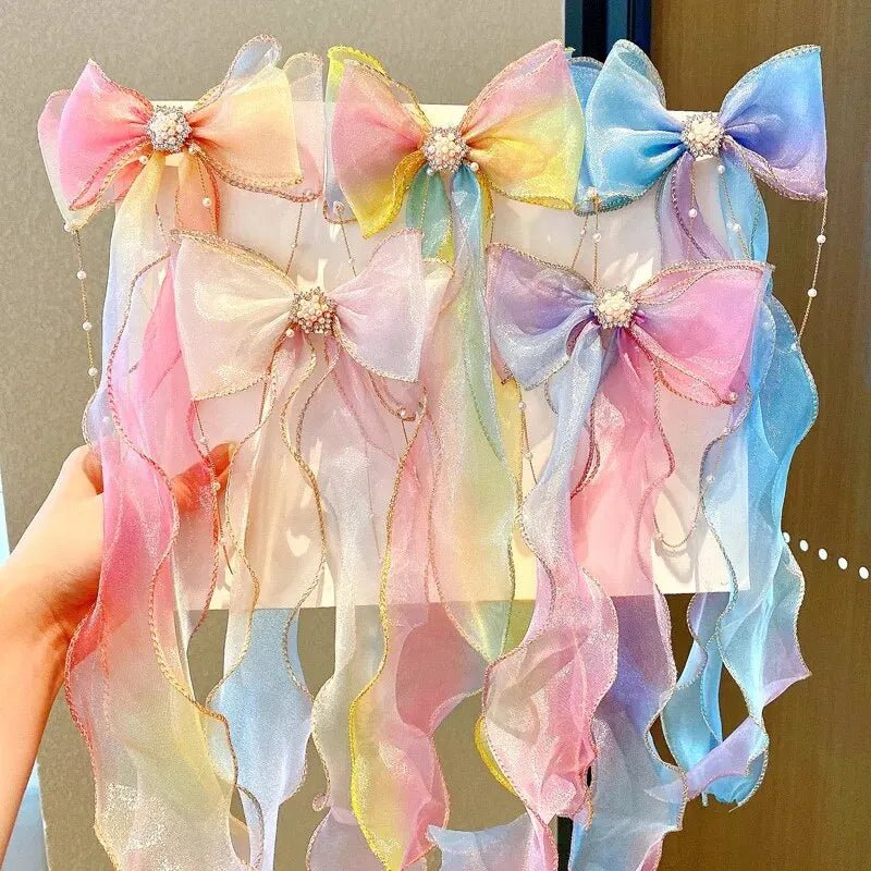 Elegant Creative Trendy Mesh Gradient Bow Tassel Hair Clips Decorative Hair Accessories For Holiday Party Girls Accessories