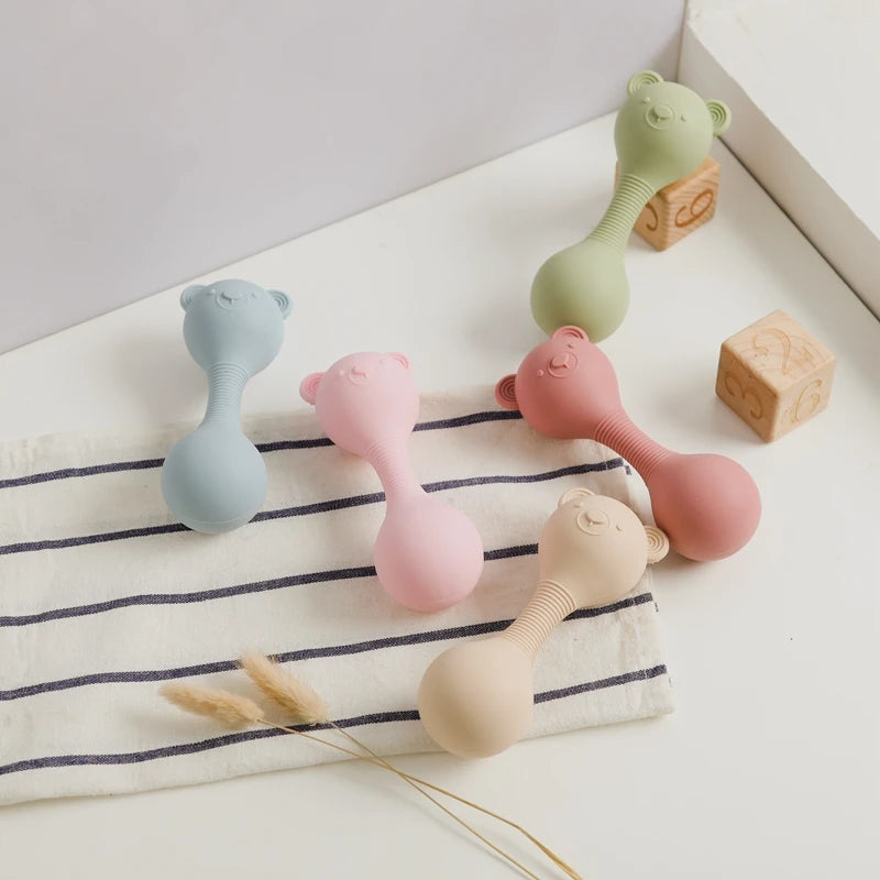 Baby Silicone Sand Hammer Toys 0 12 Months Baby Teether Toys Cartoon Bear Make Hoise Maracas Silicone Accessories for Babies