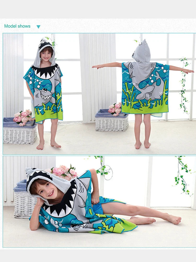 80-130cm Kids Hooded Bath Beach Poncho Towels Baby Quick Dry Bathrobe Child Cartoon Poncho Towels Microfiber Swim Cover-ups