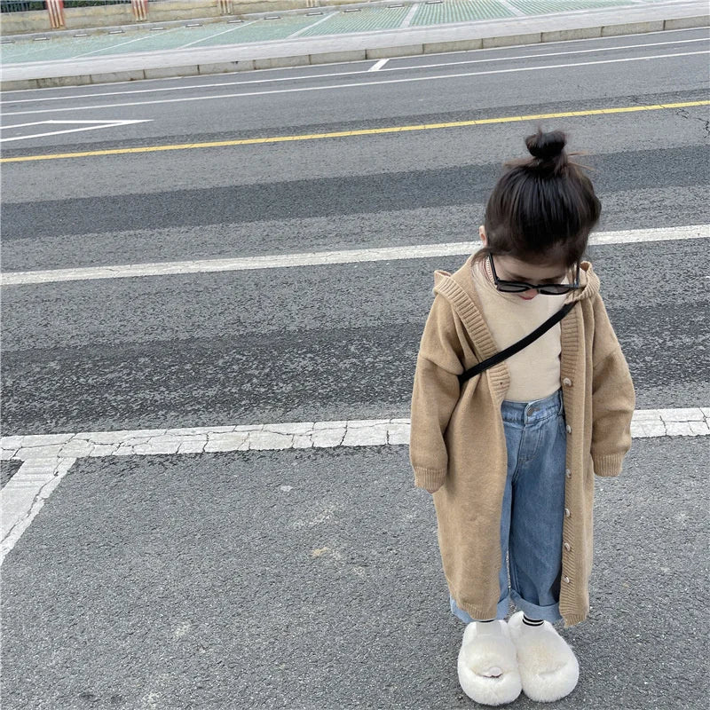 Girls Fashion Cardigan Jackets New Kids Spring Autumn Casual Coats Children Hooded Trend Long Jumper Versatile Knitted Clothing
