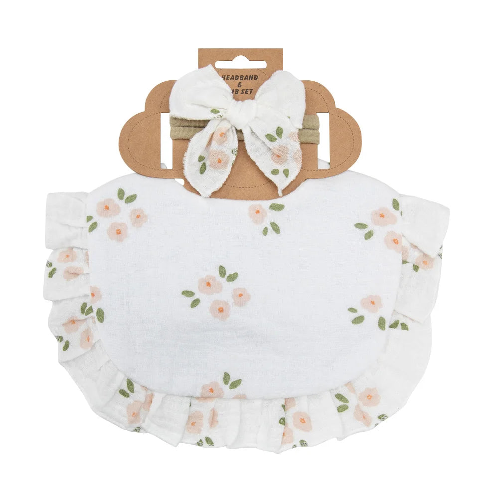 2Pcs/Set Ruffled Edge Muslin Cotton Baby Bibs Hair Bows Girls Headbands Flower Print Saliva Towel Feeding Burp Cloths Scarf
