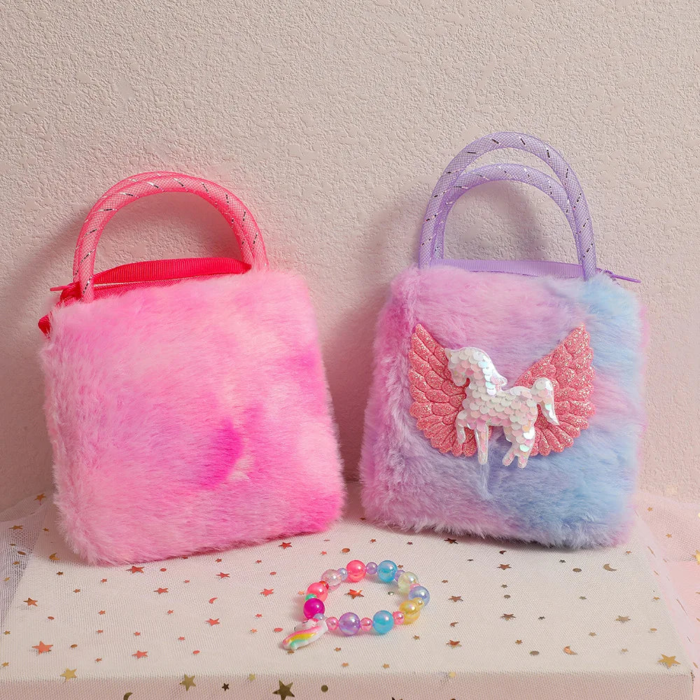 Unicorn Cartoon Plush Shoulder Bag for Kids Crossbody Bag for Kindergarten Girls Portable Outdoor Small Square Coin Bag Wallet