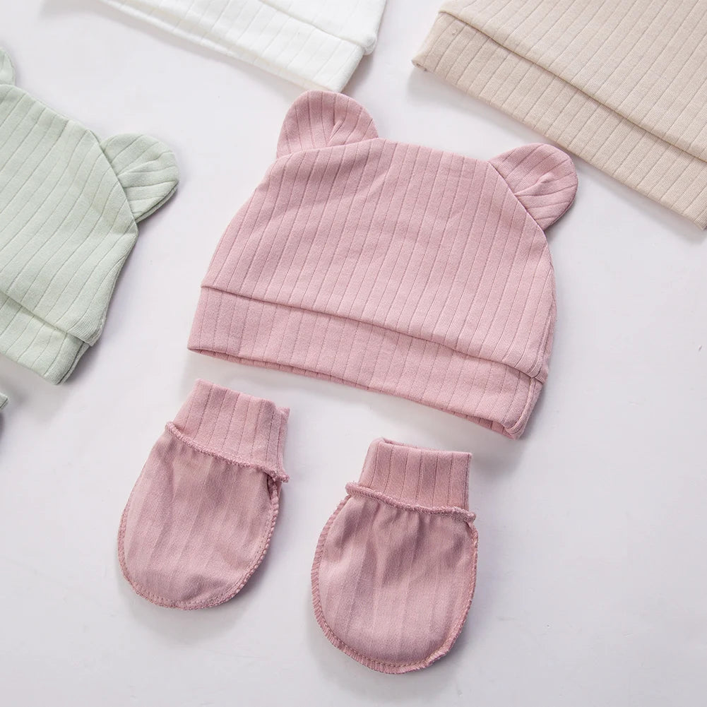 3Pcs/Set Cute Cotton Baby Hats Newborn Bonnet Gloves Mittens Beanies Bear Ear Shape Gift Photo Props Infant 0-3M Clothing