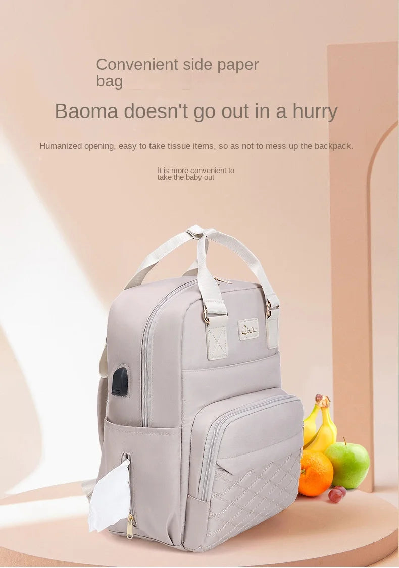 New Mommy Diaper Bags with Diaper Pad Nursing Bags Maternity USB Multifunctional Portable Large Baby Stroller Hanging Bag