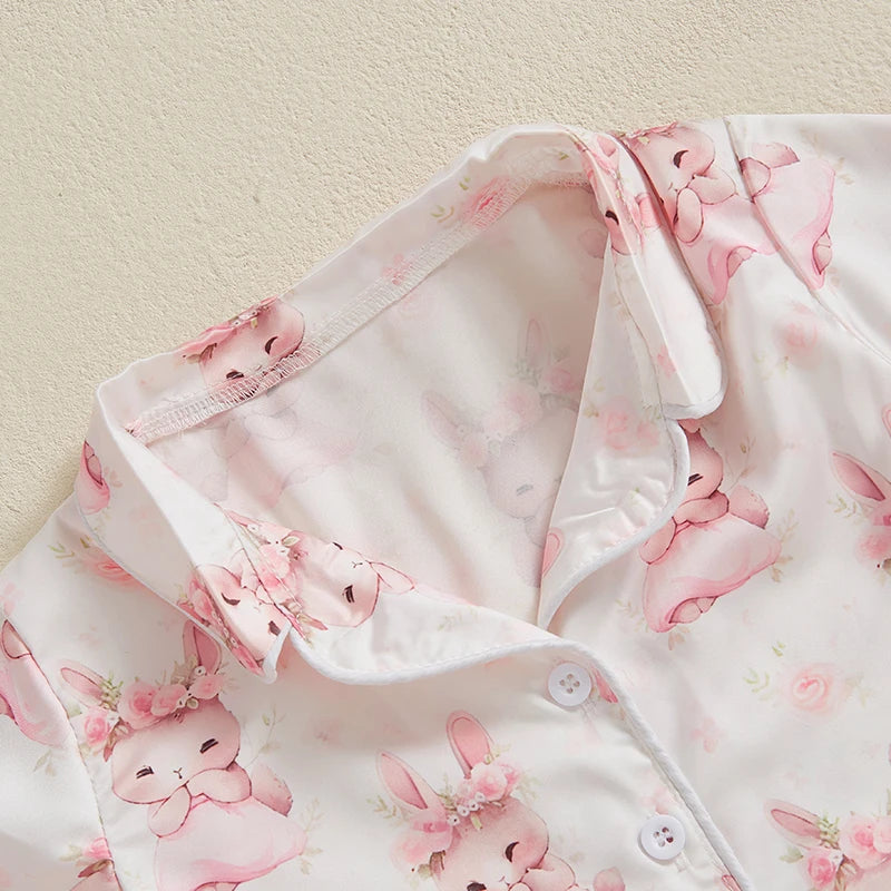 Kids Easter Satin Pajamas Set with Bunny Print Short Sleeve Lapel Button Down Tops and Shorts Sleepwear for Boys and Girls