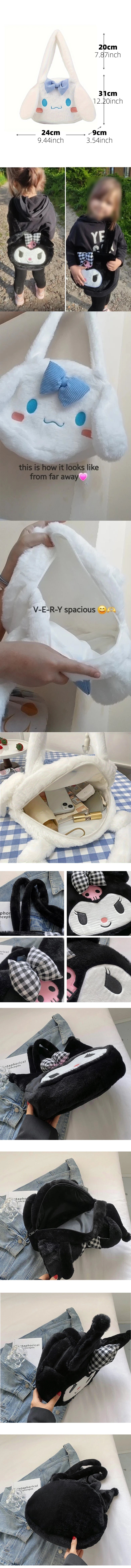 Girls Large capacity Cartoon Anime Cozy Fluffy Tote Bag, Kuromi Plush Tote & Shoulder Bag, Cinnamoroll Melody Faux Fur Handbag