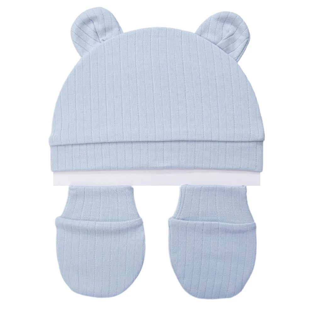 3Pcs/Set Cute Cotton Baby Hats Newborn Bonnet Gloves Mittens Beanies Bear Ear Shape Gift Photo Props Infant 0-3M Clothing