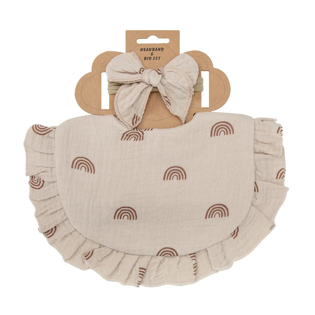 2Pcs/Set Ruffled Edge Muslin Cotton Baby Bibs Hair Bows Girls Headbands Flower Print Saliva Towel Feeding Burp Cloths Scarf