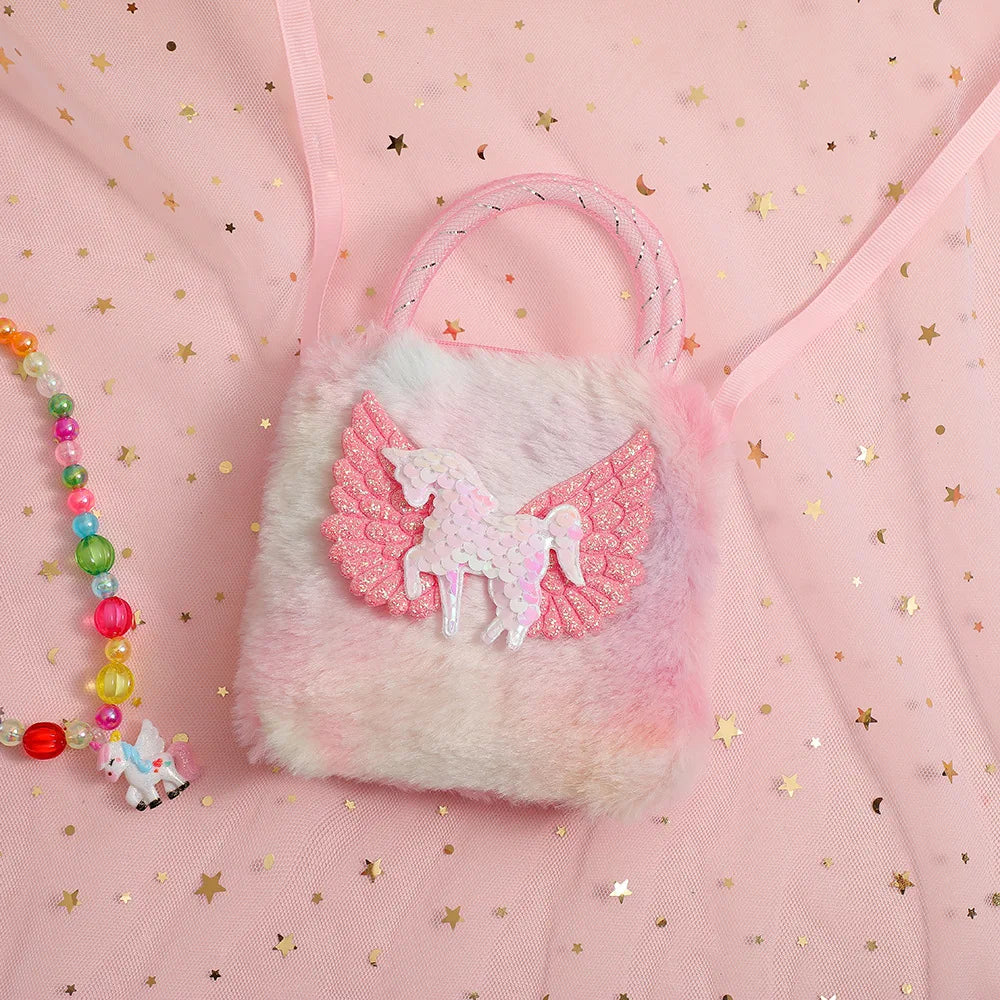 Unicorn Cartoon Plush Shoulder Bag for Kids Crossbody Bag for Kindergarten Girls Portable Outdoor Small Square Coin Bag Wallet