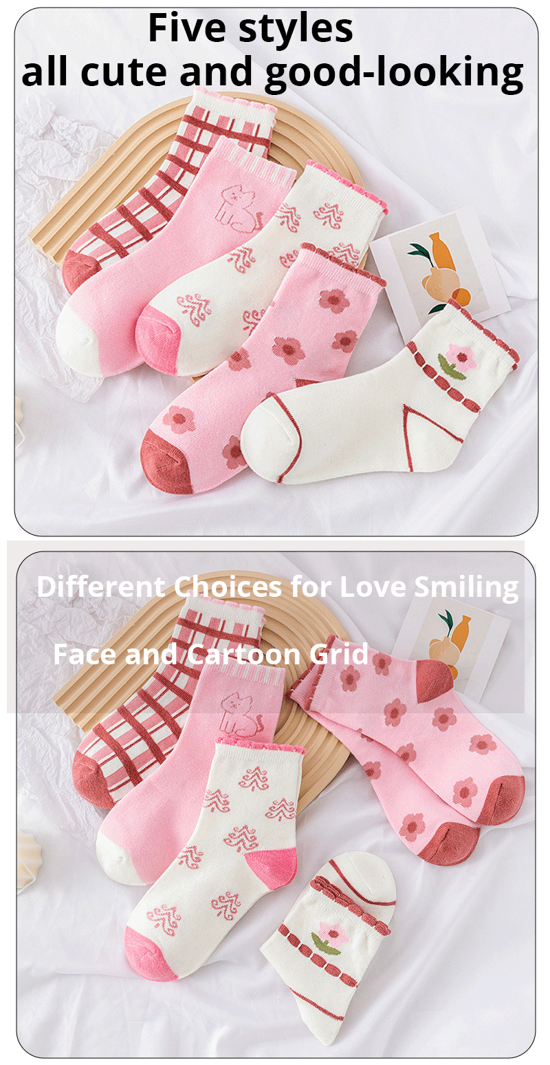 5 Pairs Pink Flower Knit Warm Childrens Socks For Girls Socks Kids Womens Cute Cartoon Medium Stockings