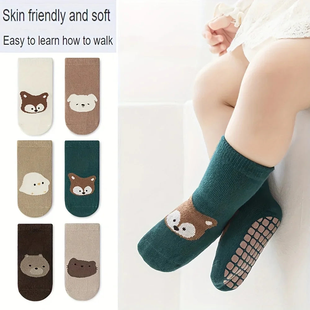 6/1 Pairs Autumn And Winter Large Area Dot Glue Baby Trampoline Socks, Baby Little Kids Non-slip Floor Socks Large Cartoon Strai