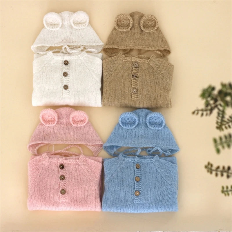 Baby Outfit Newborn Photography Props mohair Knitted Bear Rompers Footed Jumpsuit Hat 2pcs/Sets Photography Clothing Accessories