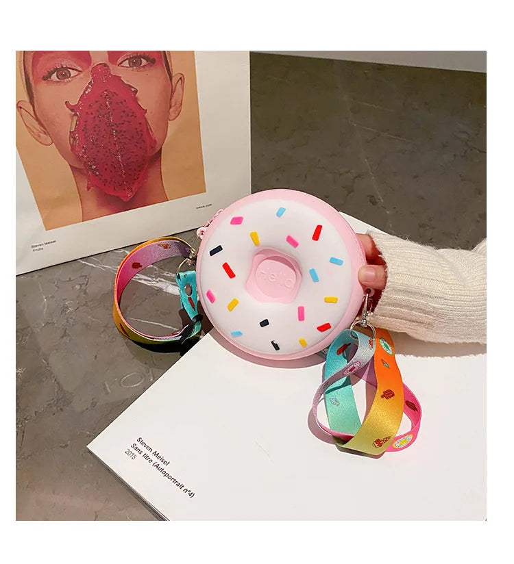 Round Donut Crossbody Bag Child Child Girl Children Shoulder Bag Adjustable Strap Vacation Travel Rainbow Printed Pocket Package