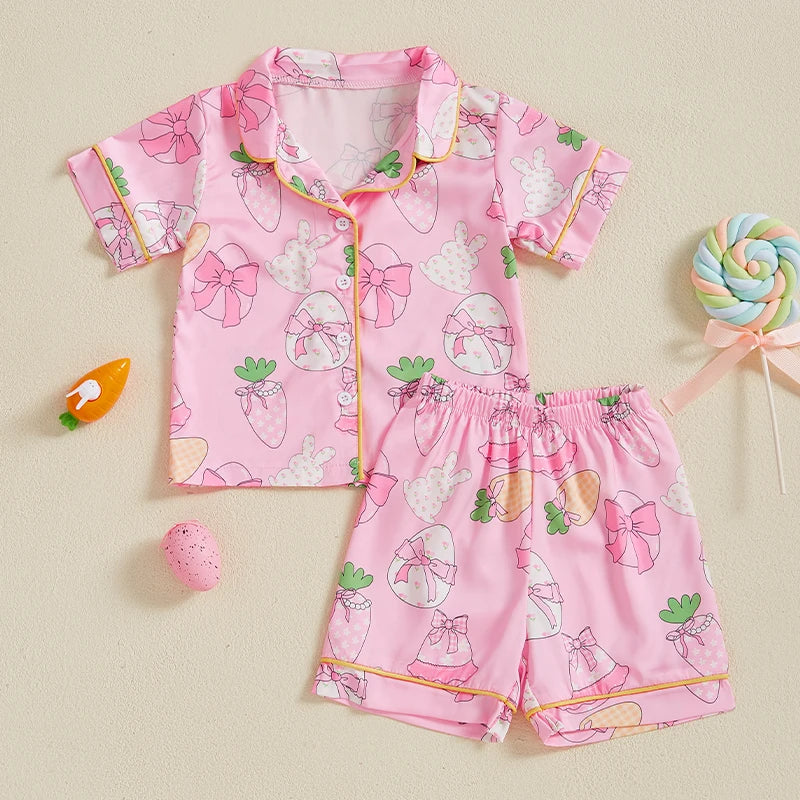 Kids Easter Satin Pajamas Set with Bunny Print Short Sleeve Lapel Button Down Tops and Shorts Sleepwear for Boys and Girls