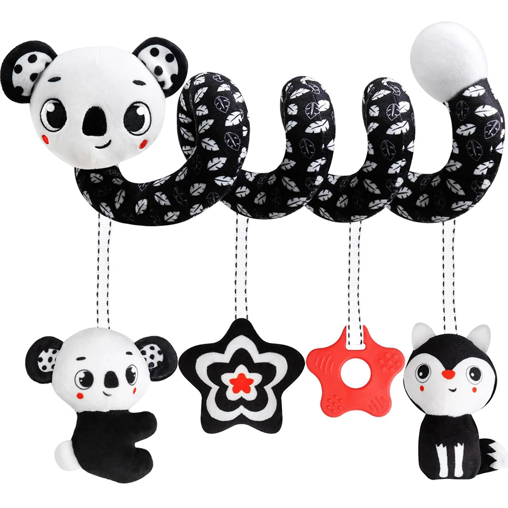 Newborns Spiral Hanging Activity Stroller Toy Baby Carseat Toy Black & White Lion Koala Rattle for Crib Mobile Sensory Toy Gift