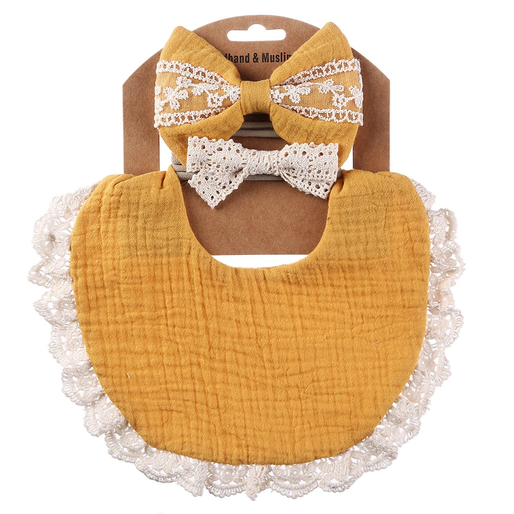 3Pcs/set Solid Muslin Cotton Baby Bibs & Lace Headbands Princess Boys Girls Saliva Towel Feeding Burp Cloths Nylon Hair Bands