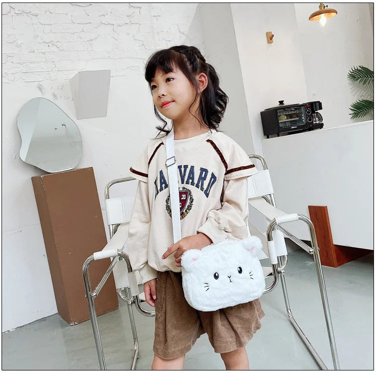 1 Piece Cute Kids Bag for Girls Kawaii Cartoon Animal Cat Messenger Bag for Children Portable High Capacity Outdoor Plush Bag