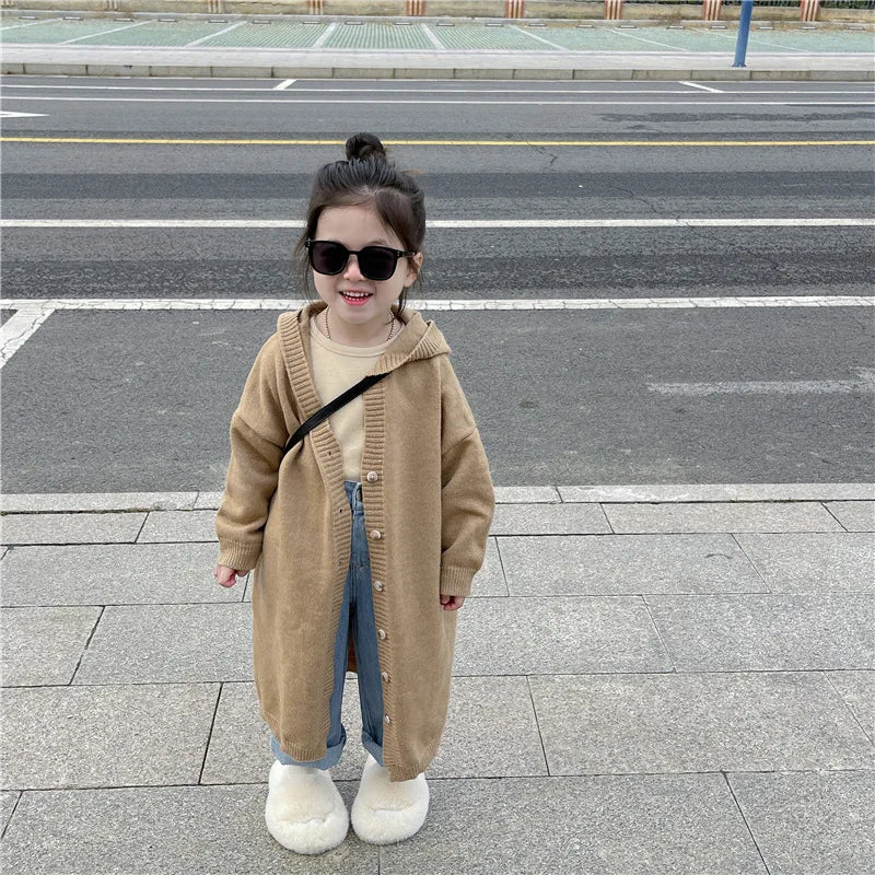 Girls Fashion Cardigan Jackets New Kids Spring Autumn Casual Coats Children Hooded Trend Long Jumper Versatile Knitted Clothing