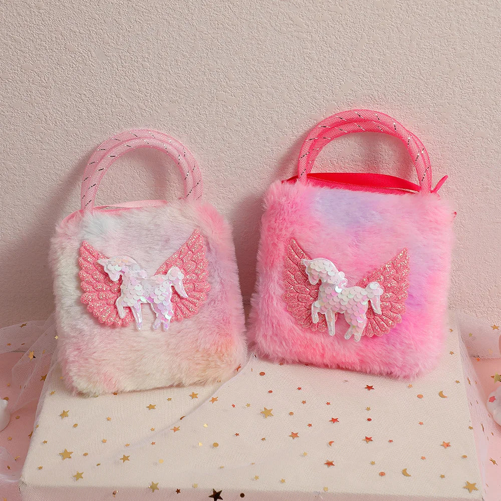 Unicorn Cartoon Plush Shoulder Bag for Kids Crossbody Bag for Kindergarten Girls Portable Outdoor Small Square Coin Bag Wallet