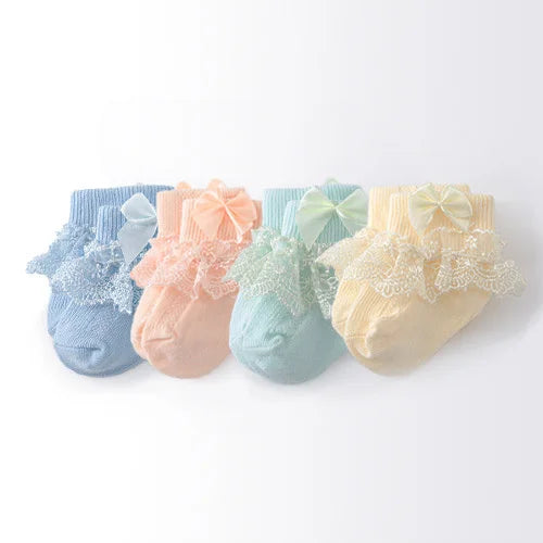 Lawadka 4Pairs/lot Newborn Baby Socks For Girls Cotton Lace Infant Girls Sock Princess Bow Toddler Baby Girls Socks Spring 0-24M