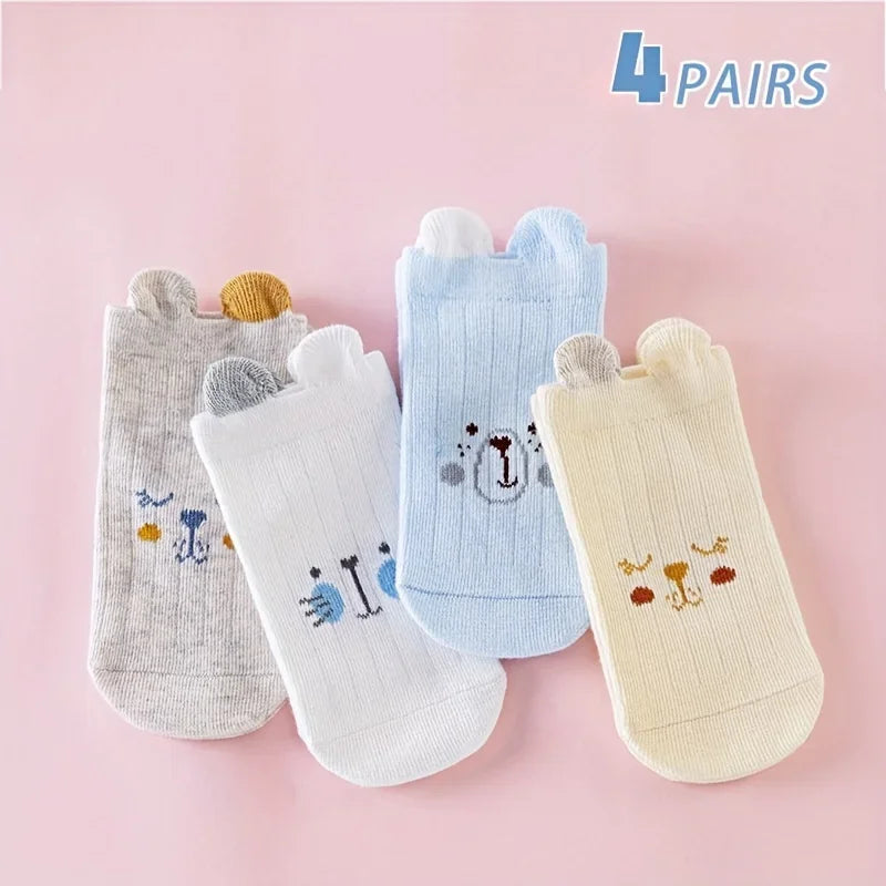4 Pairs of Male Baby Bear Cartoon Cotton Socks, Pure Cotton Cartoon Newborn Baby Socks, Cute Three-dimensional Small Ears, Versa