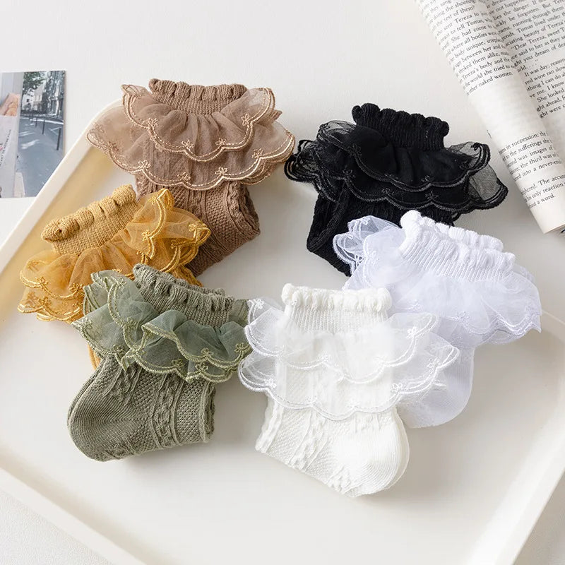 3 Pairs/Lot Summer Girls Socks Baby Kids Ruffle Sock Cute Children Frilly White Black Lace Cotton Socks For 1-10Years