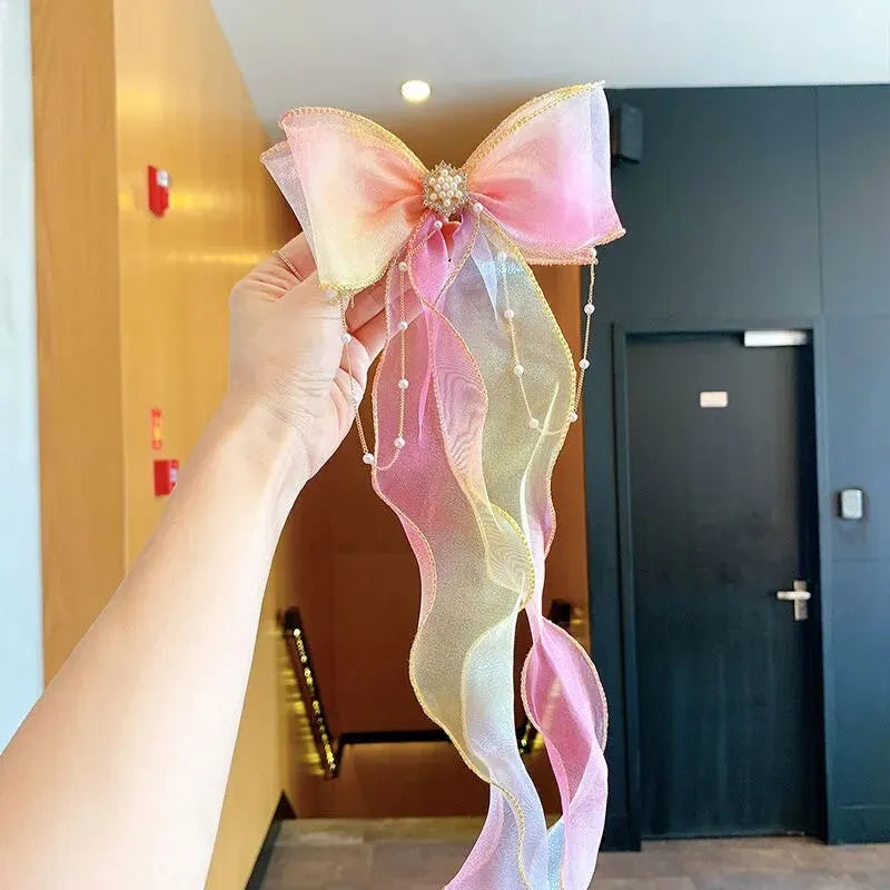 Elegant Creative Trendy Mesh Gradient Bow Tassel Hair Clips Decorative Hair Accessories For Holiday Party Girls Accessories