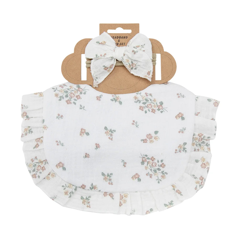 2Pcs/Set Ruffled Edge Muslin Cotton Baby Bibs Hair Bows Girls Headbands Flower Print Saliva Towel Feeding Burp Cloths Scarf