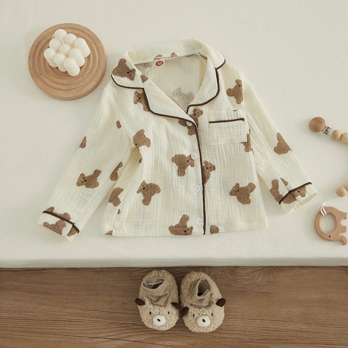 VISgogo Kids Unisex Cotton Linen Pajama Suit Bear Print Long Sleeve Front Pocket Lapel Tops Long Pants Spring Clothes Casual Set